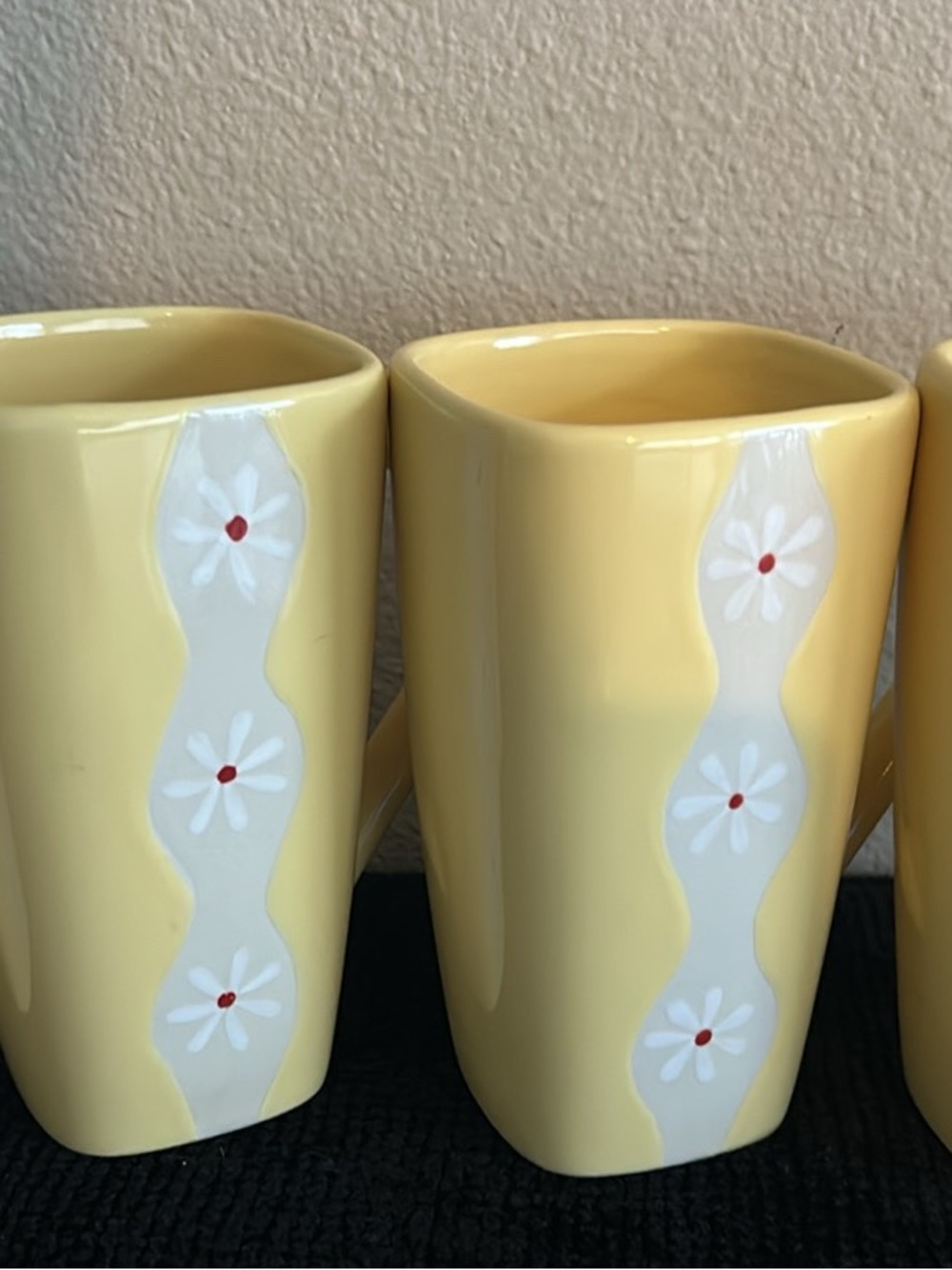 Pfaltzgraff Sunshine Yellow Ceramic Mug with White Floral Accent set of 4